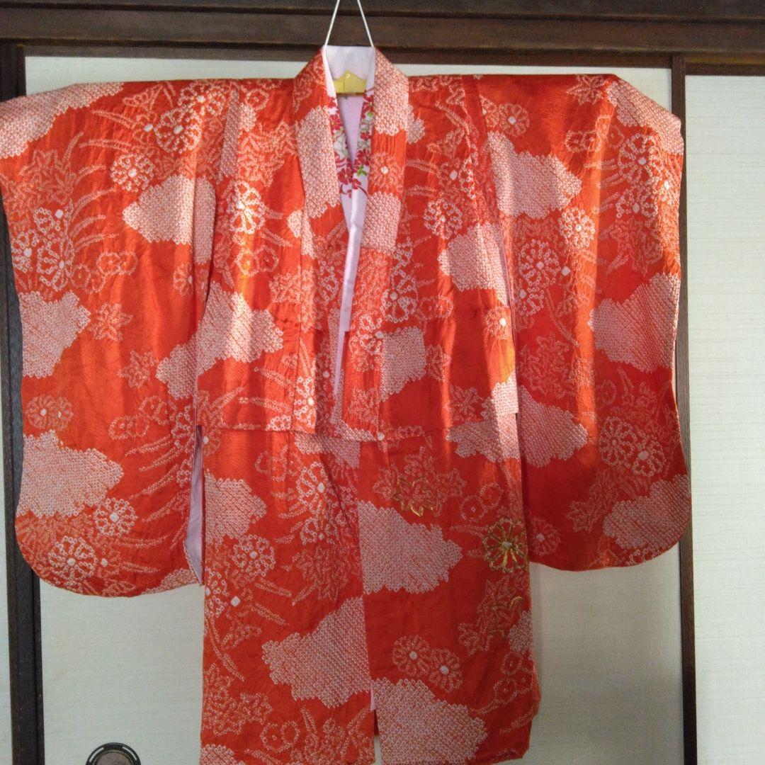 七五三 3歳 長着＆長襦袢 花柄 オレンジ 絞り正絹