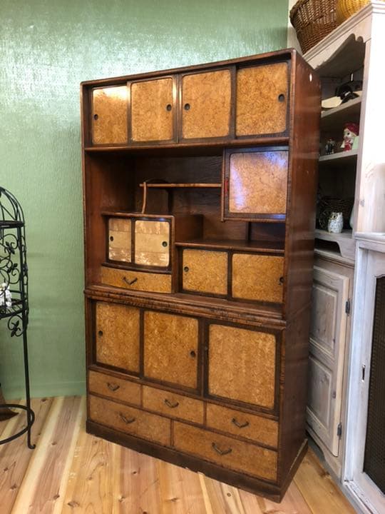 茶箪笥 玉杢 違い棚 多収納 水屋 昭和レトロ インテリア 古道具 木製