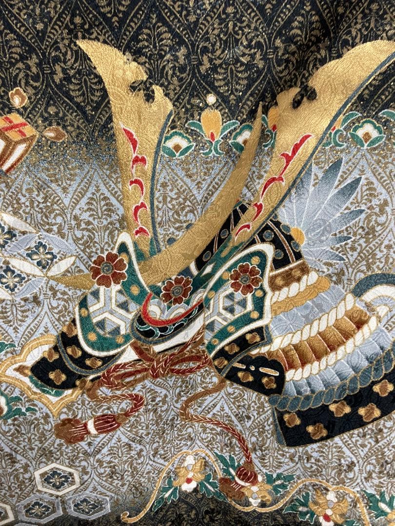 五歳男児七五三お宮参り　着物羽織長襦袢セット　茶黒金地模様　個性的　オンリーワン