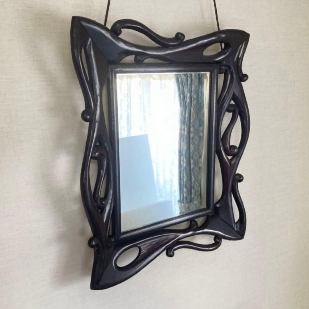 ウォールミラー 鏡 壁掛け 木製 木彫り 彫刻 ブラウン レトロ アンティーク