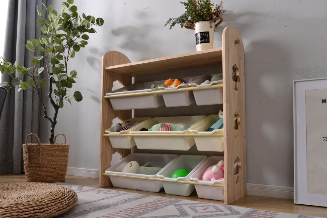 天然木 オモチャ収納 ラック おもちゃ箱 おしゃれ ワイドタイプ 大容量 絵本棚