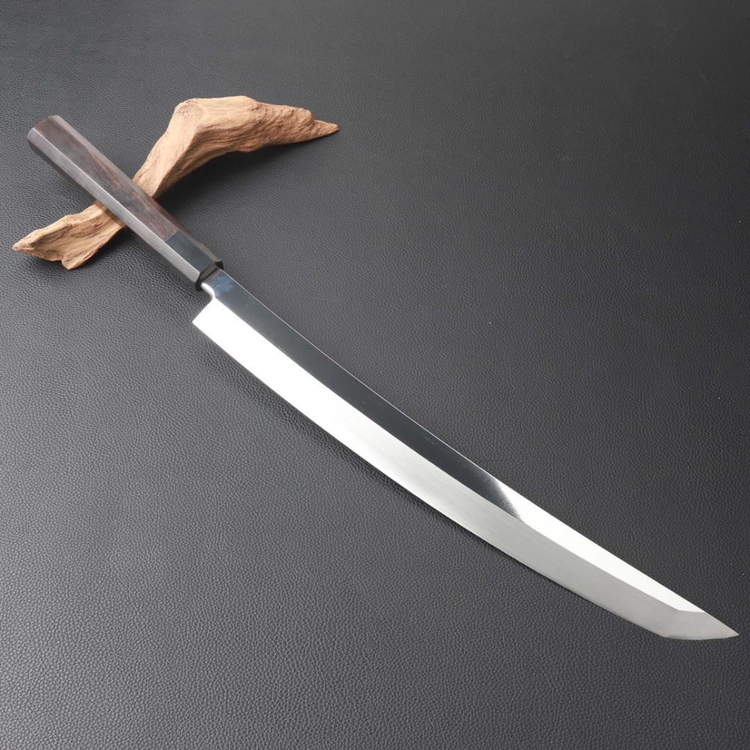 11118鬼反り先丸包丁尺二鏡面仕上げ刺身包丁刃は究極の切れ味黒檀黒水牛角八角柄