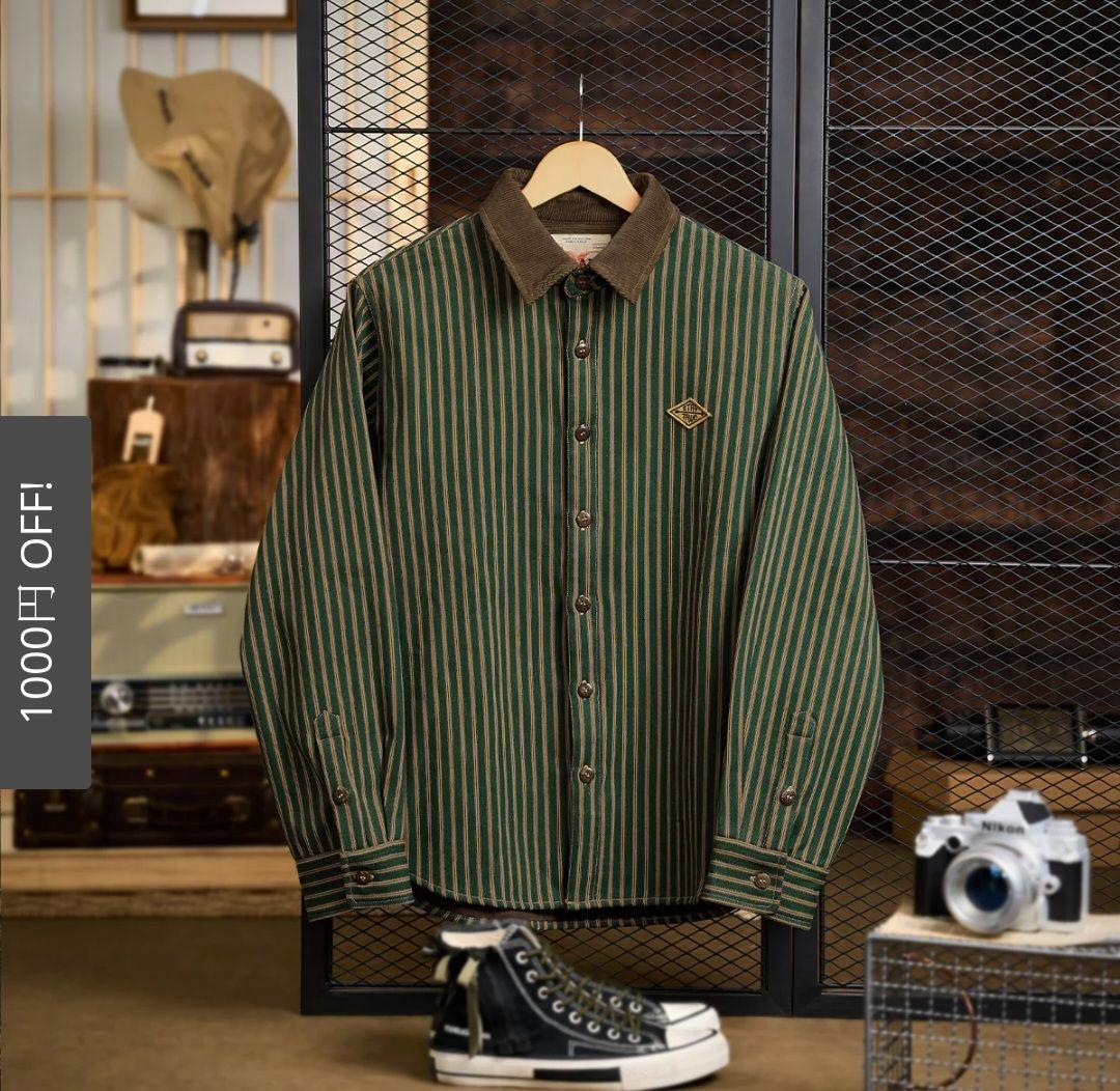 STAY TRUE コーデュロイ切替フリースストライプシャツ　karaku