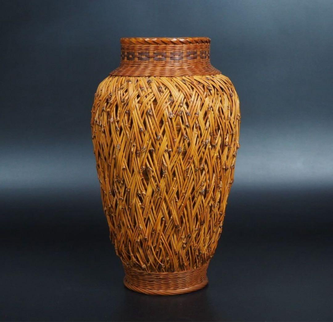 送料無料　中国古玩　竹細工　竹編花瓶