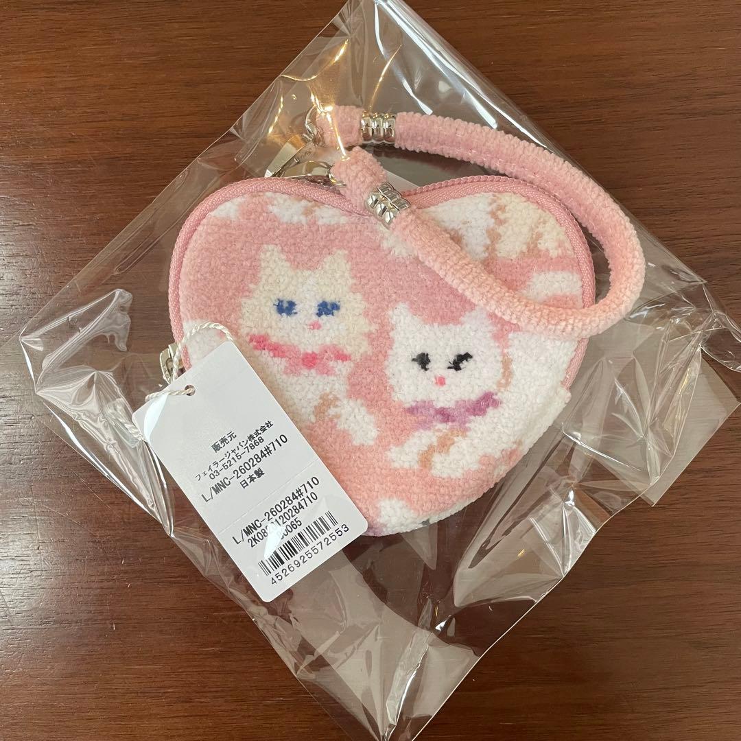 【新品未使用】フェイラー モフモフ猫ちゃん ハート型ポーチ ピンク 白ねこ