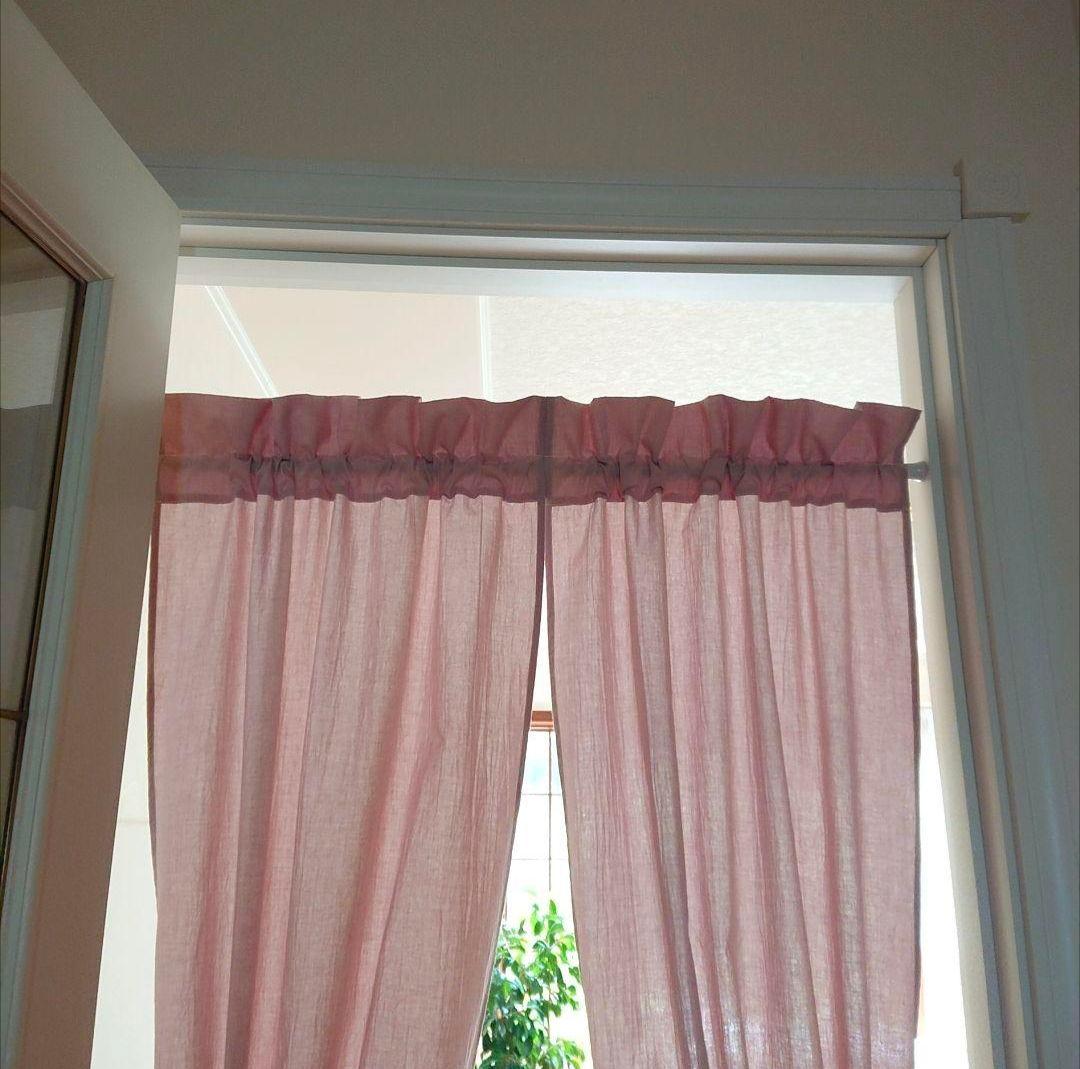 ダスティピンクコットン♪両開きカフェカーテン 170cm丈リボン付クリップ付き♪