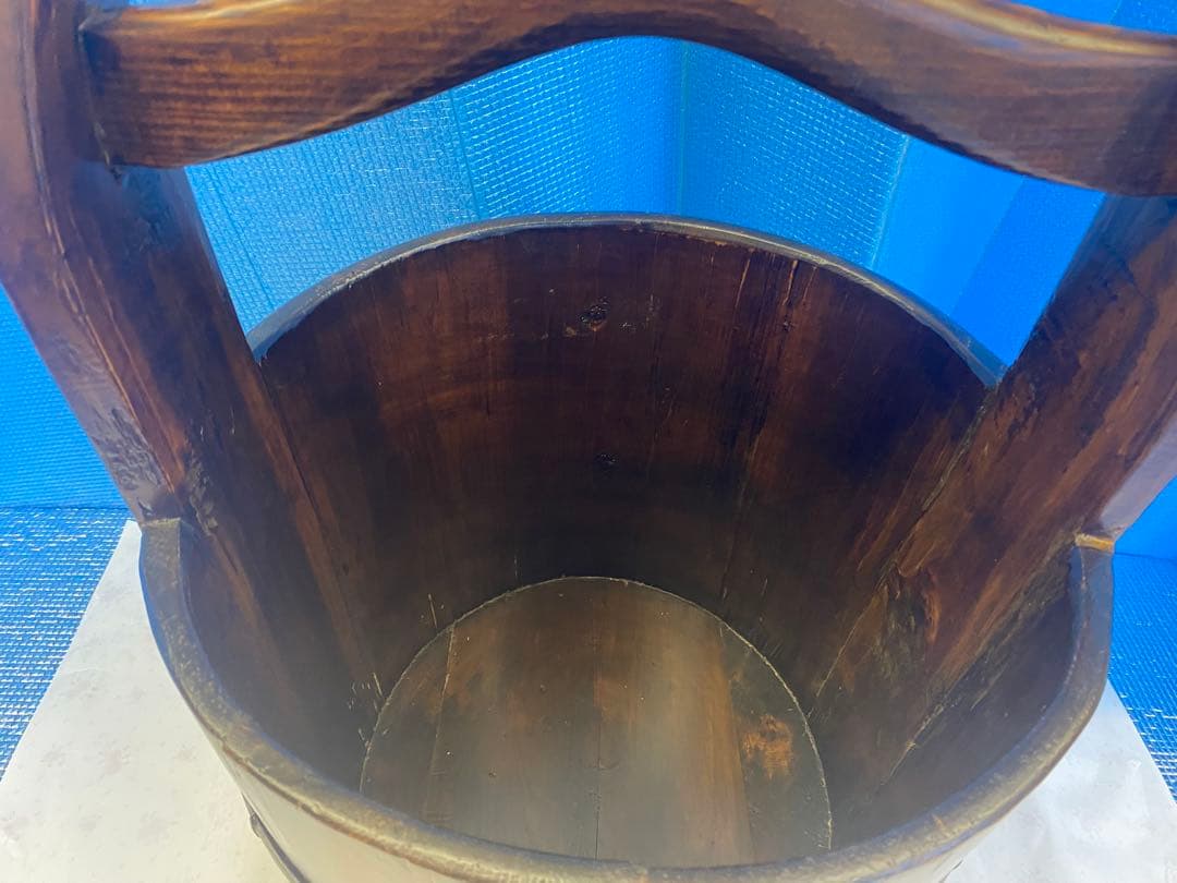 アンティーク民芸品手桶鉄＆木製花入ドライフラワー 木製バケツ型インテリア小物