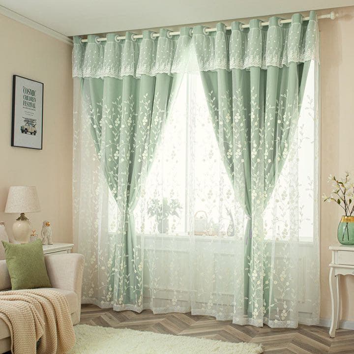 カーテン　ドレープカーテン　二重カーテン　レース付きカーテン　緑色　葉　夏色